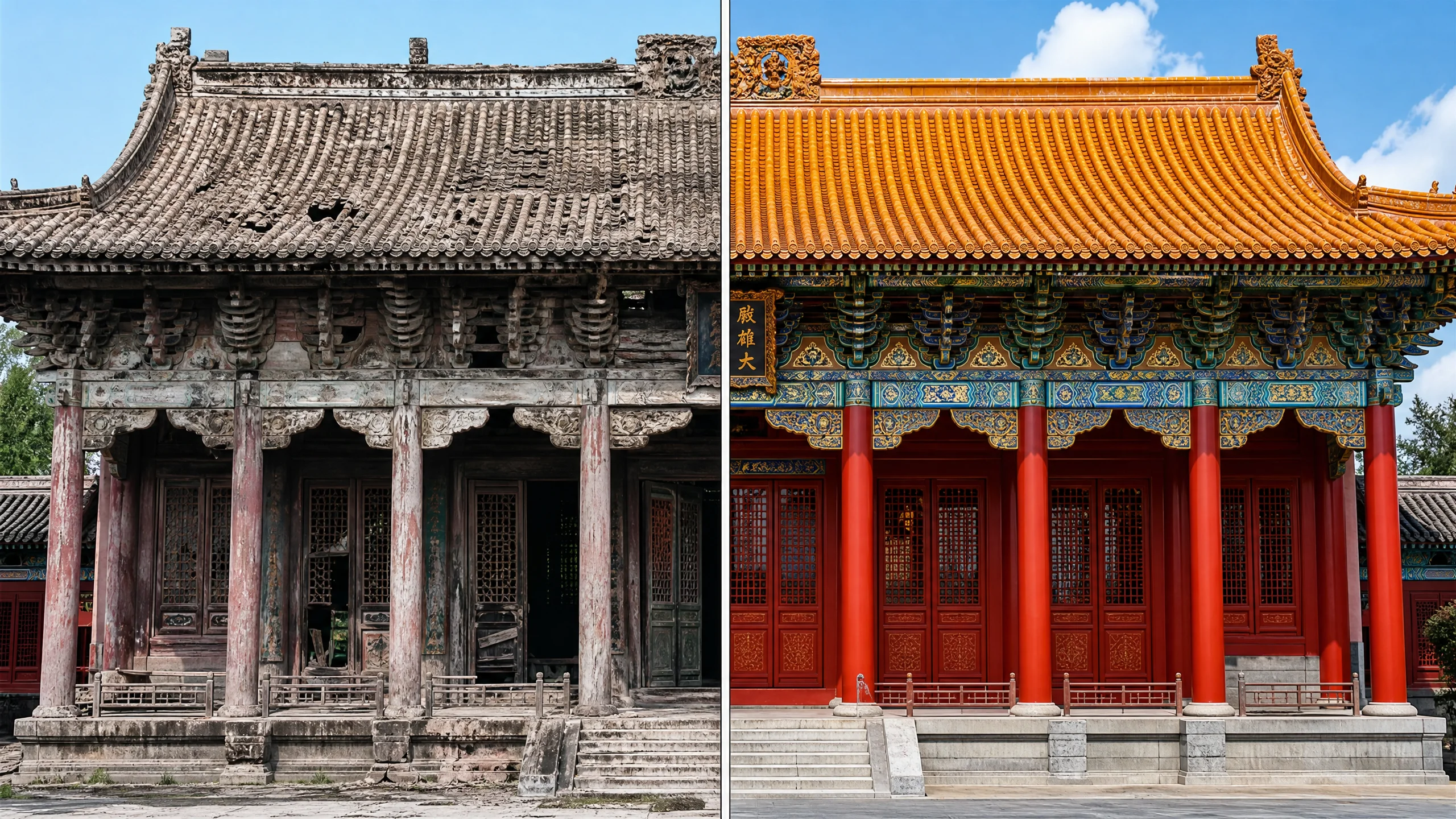 古建筑修复后的‌完整面貌，朱‌红立柱​与金‍色琉璃瓦焕然一新