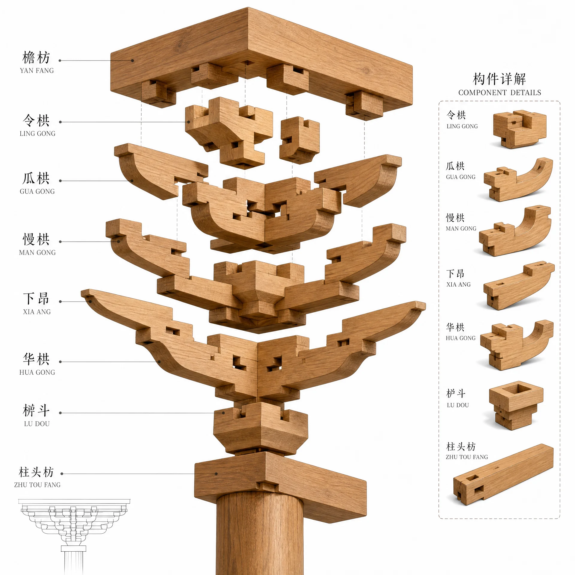 斗拱结构3D拆解示意图，展示‍各层构件名称与﻿组装关系